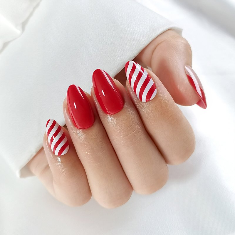 Faux Faux Ongles à Pointe Française Or Ligne Conception Colle sur Ongles Press Ons Moyen Acrylique Presse sur Ongles – Image 2