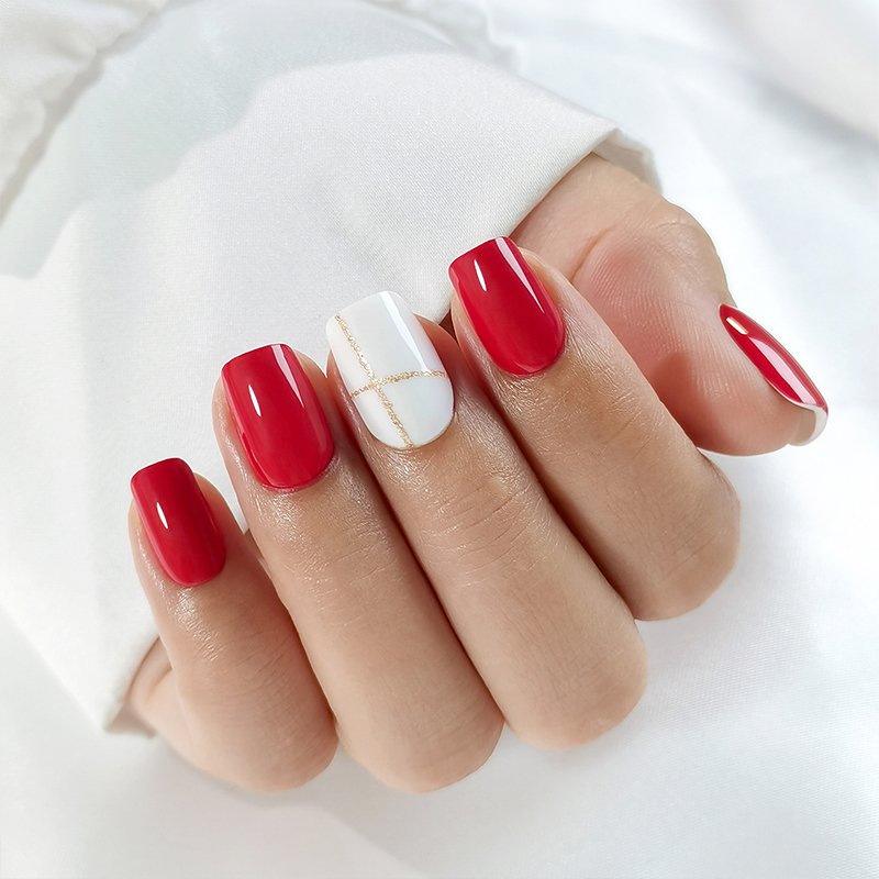 Faux Faux Ongles à Pointe Française Or Ligne Conception Colle sur Ongles Press Ons Moyen Acrylique Presse sur Ongles – Image 4