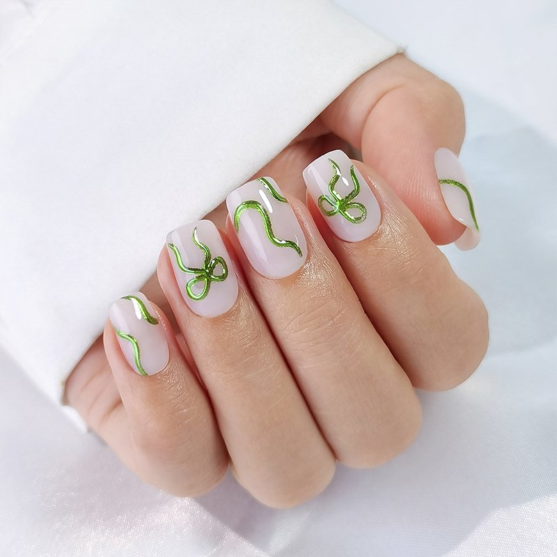 Faux Faux Ongles à Pointe Française Or Ligne Conception Colle sur Ongles Press Ons Moyen Acrylique Presse sur Ongles – Image 17