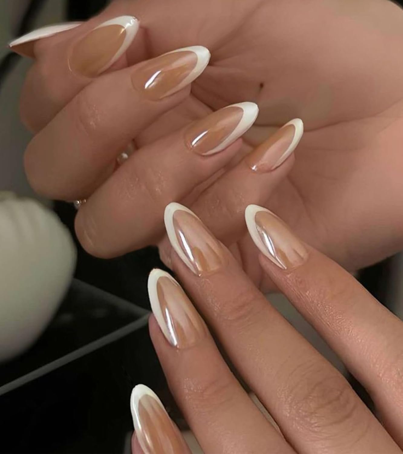 Faux Faux Ongles à Pointe Française Or Ligne Conception Colle sur Ongles Press Ons Moyen Acrylique Presse sur Ongles – Image 22