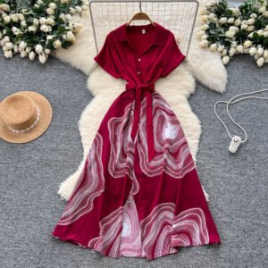 Robe imprimée à manches courtes à col châle et ceinture à la taille, mode décontractée d'été pour femmes, vente en gros Loveda