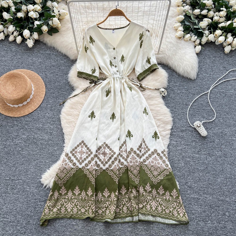 2025 été Vintage col en v tunique décontracté robe mi-longue pour les femmes Empire imprimé robe en dentelle – Image 3