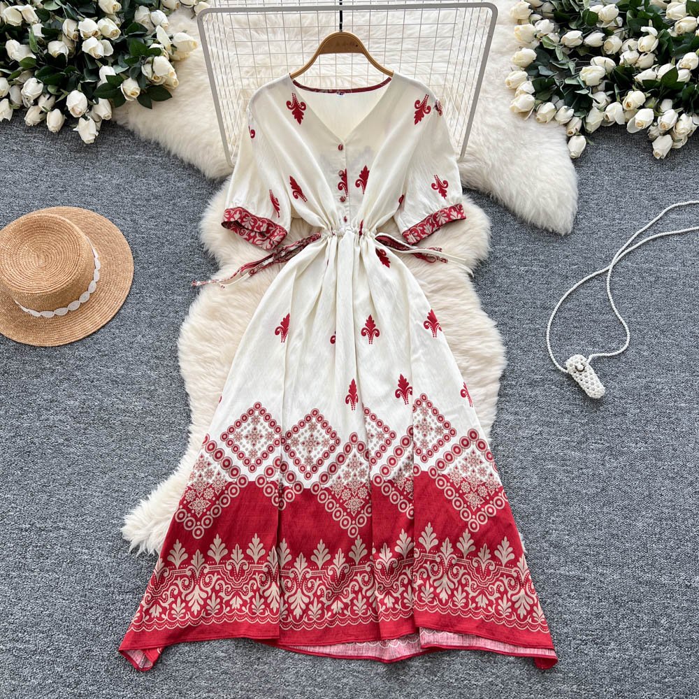 2025 été Vintage col en v tunique décontracté robe mi-longue pour les femmes Empire imprimé robe en dentelle – Image 4