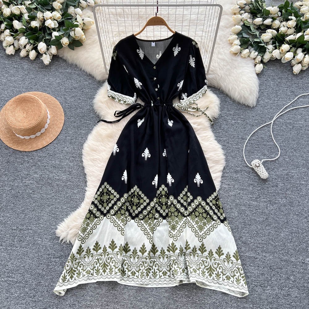 2025 été Vintage col en v tunique décontracté robe mi-longue pour les femmes Empire imprimé robe en dentelle – Image 5