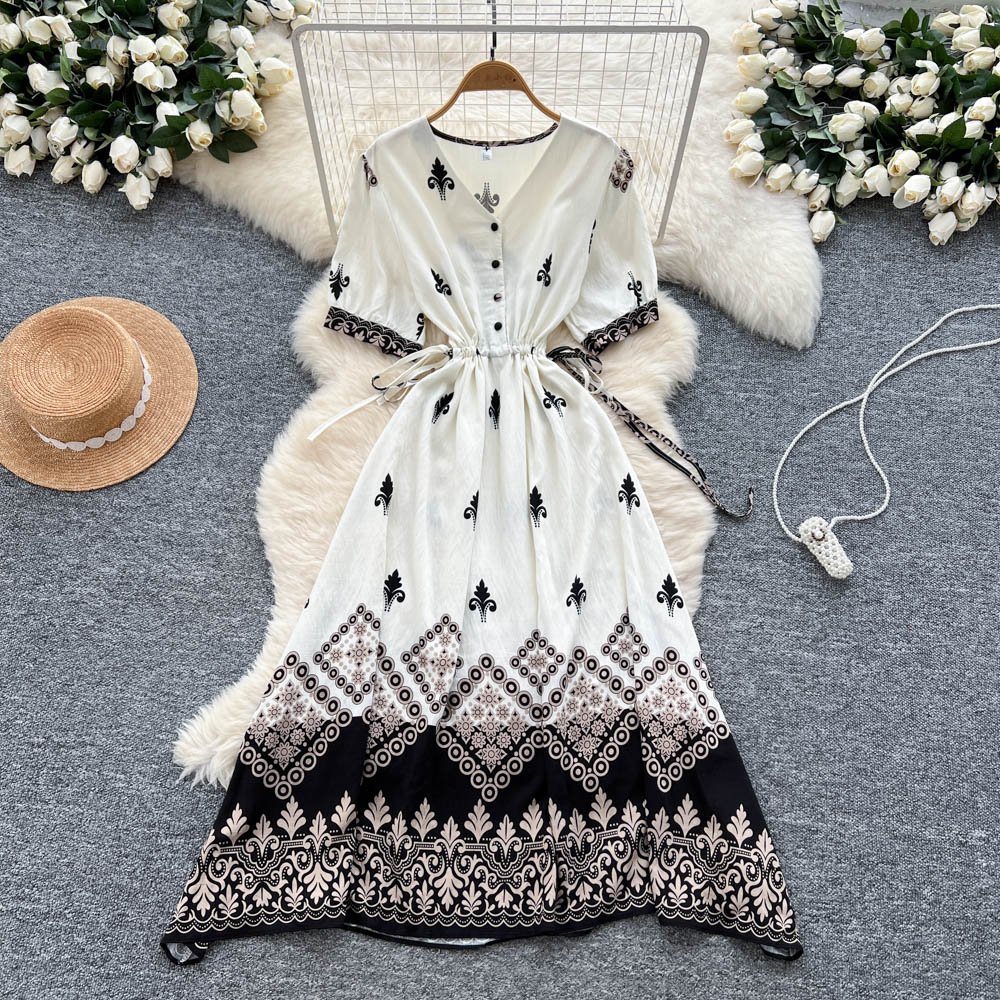 2025 été Vintage col en v tunique décontracté robe mi-longue pour les femmes Empire imprimé robe en dentelle – Image 6