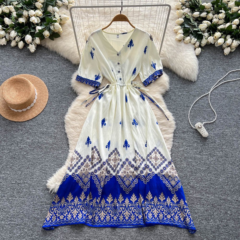 2025 été Vintage col en v tunique décontracté robe mi-longue pour les femmes Empire imprimé robe en dentelle – Image 7