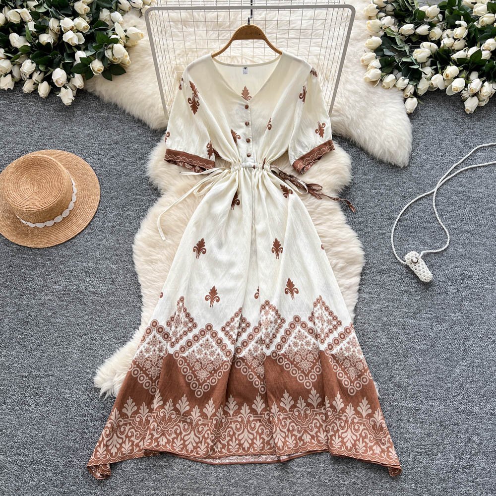 2025 été Vintage col en v tunique décontracté robe mi-longue pour les femmes Empire imprimé robe en dentelle – Image 8