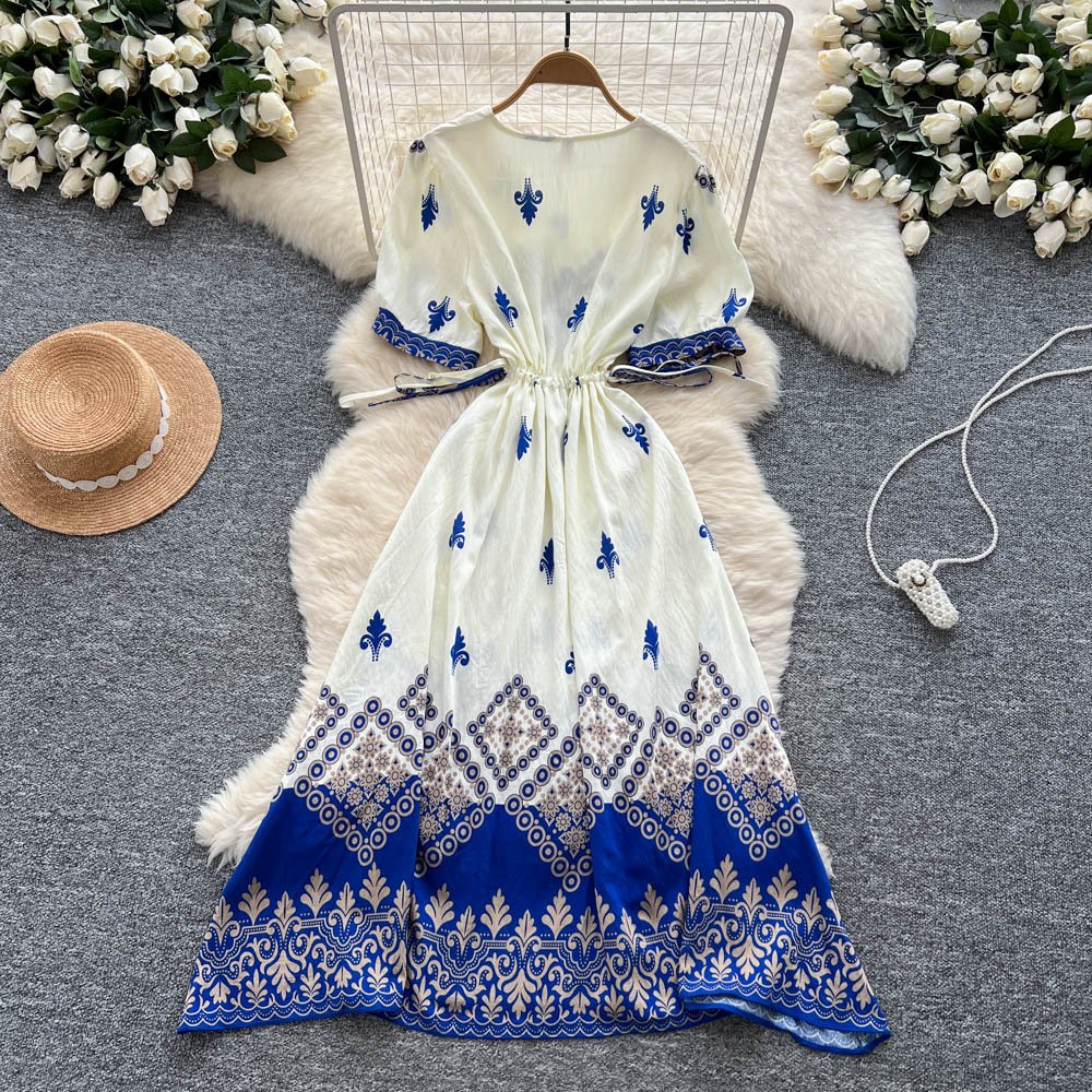 2025 été Vintage col en v tunique décontracté robe mi-longue pour les femmes Empire imprimé robe en dentelle – Image 10