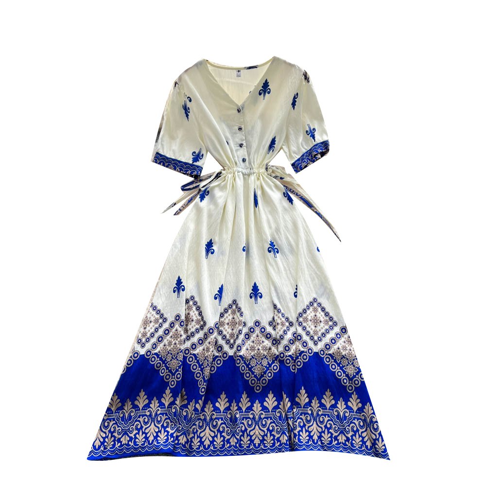 2025 été Vintage col en v tunique décontracté robe mi-longue pour les femmes Empire imprimé robe en dentelle – Image 11