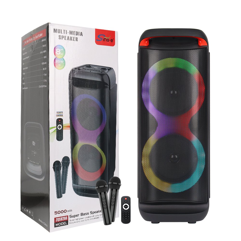 Haut-parleur karaoké Sing-e ZQS8288 double enceinte, sans fil Bluetooth, conçu pour les fêtes en extérieur. Équipé de haut-parleurs de 8 pouces haute puissance, idéal pour les grandes scènes et événements festifs.