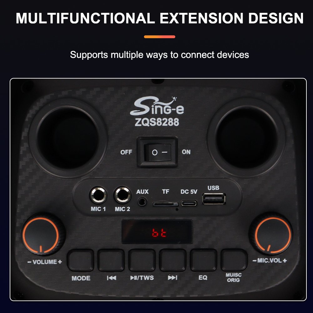 Haut-parleur karaoké Sing-e ZQS8288 double enceinte, sans fil Bluetooth, conçu pour les fêtes en extérieur. Équipé de haut-parleurs de 8 pouces haute puissance, idéal pour les grandes scènes et événements festifs. – Image 3