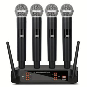 Système de microphone sans fil VHF 4 canaux haute qualité – audio professionnel pour chant, réunion, mariage et karaoké maison.